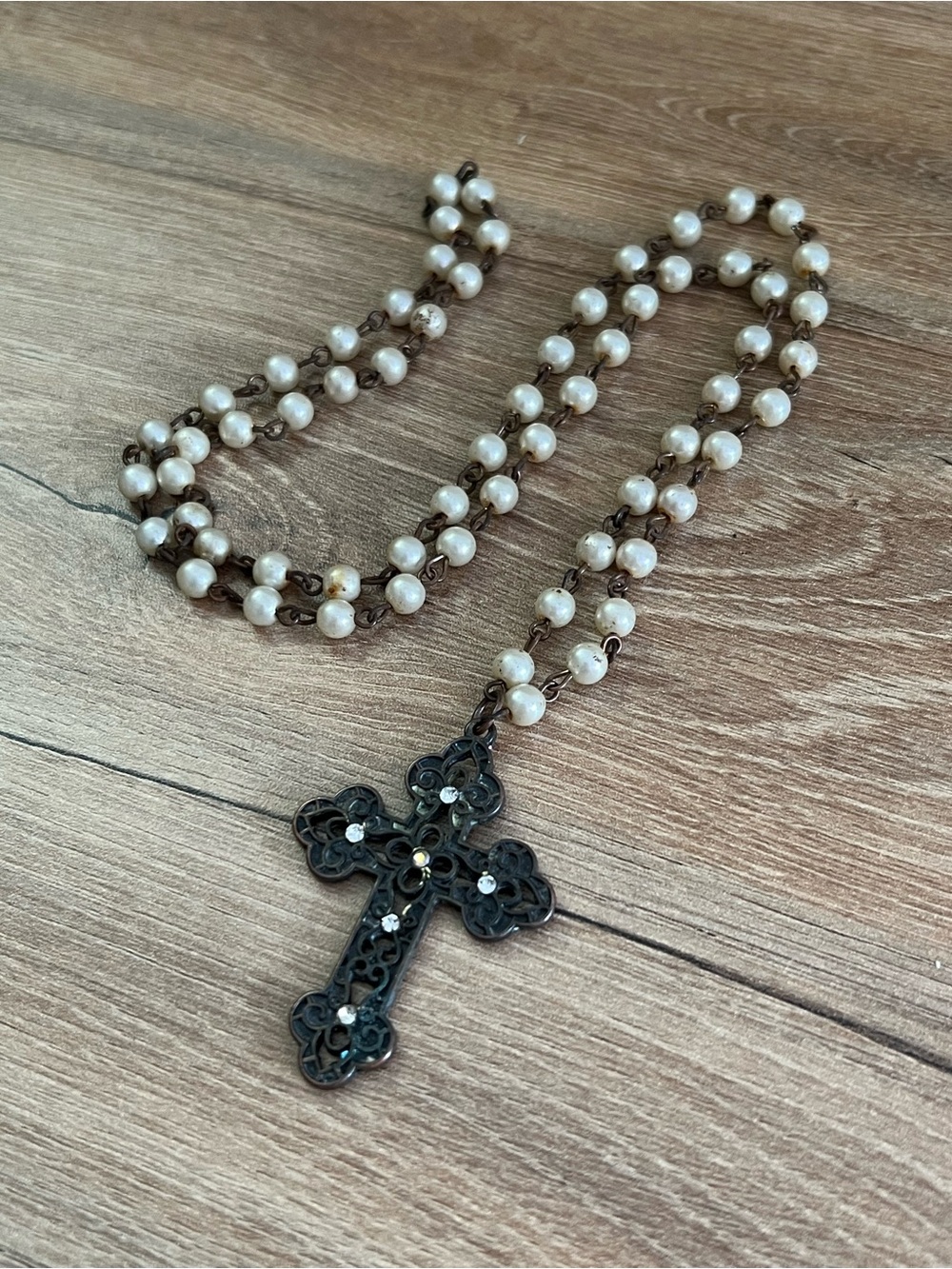 Long Faux Pearl Filigree Cross Necklace Rhinestone Gothic Victorian Style